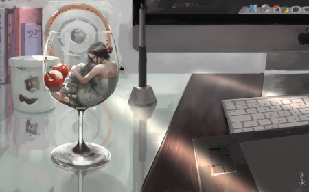 Dreaming - red, glass, wlop, pc, cup, girl, art, fantasy, fruit, dream, grey