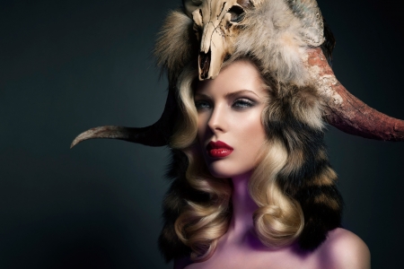 Wild beauty - hat, girl, red lips, skull, horns, fur, black, purple, woman, model, face