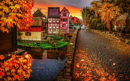 Autumn Sunset - trees, Germany, beautiful, architecture, fall, colorful, river, sunset, cobblestones, autumn leaves, houses, sky, bridge