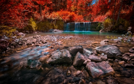 Autumn Waterfall - autumn, italy, trees, red yellow leaves, waterfall, forest, beautiful, stones, pond