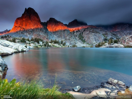 Orange Mountains - sky, lakes, mountains, beautiful, national geographic, nature, colorful, grass