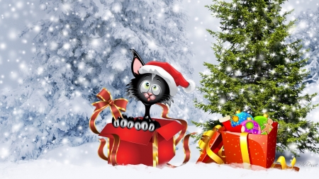 Wrapping Gifts - gifts, black cat, cat, feliz navidad, tree, christmas, snow