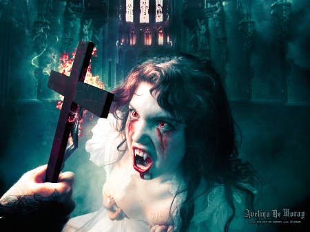 vampire by avelina de moray - woman, cross, flame, vampire