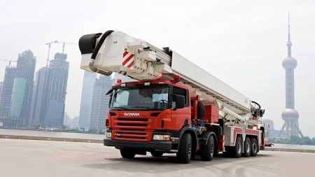 scania truck - ladder, scania, building, truck