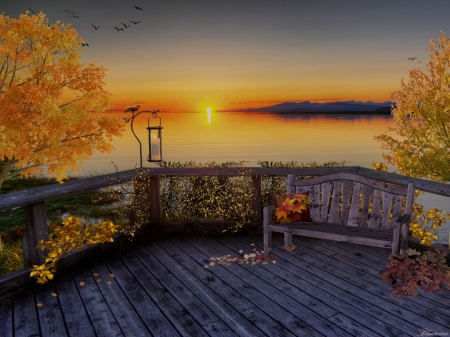 *Autumn sunset* - veranda, autumn, trees, seasons, sunset, sea