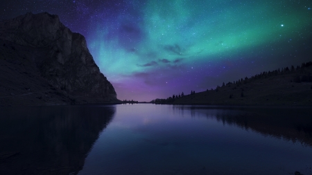 aurora borealis on a stary night - stars, lake, aurora borealis, night, mountains