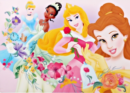 Disney princesses - tiana, yellow, blue, girl, flower, pink, fantasy, aurora, belle, cinderella, movie, princess, disney