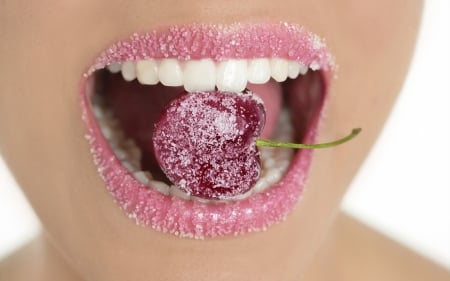 Sweet - mouth, cherry, food, pink, sweet, lips, red, woman, dessert, lipstick, sugar