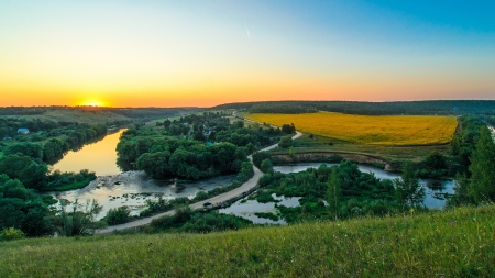 the beautiful sword river near vyazovo russia - trees, hills, river, sunrise, road