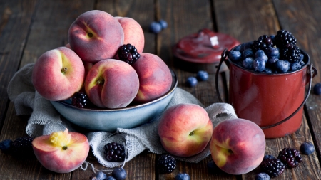 Fruits - berries, blueberries, bowl, peaches