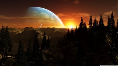 alien planet - planet, tree, alien, mountain