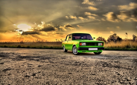 green lada - landscape, lada, sunset, car