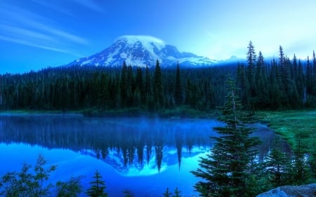 Blue Sunset on the Lake - nature, forest, reflection, sunset, mountains