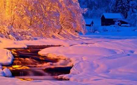 Winter Sunset - nature, river, snow, winter, sunset, small