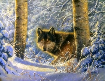 Hunters in the Snow - winter, wolf, paintings, snow, holidays, love four seasons, animals, wolves