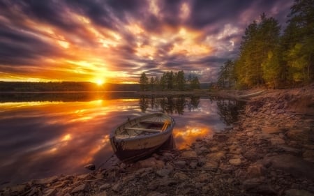 Ringerike, Norway - sky, reflection, sun, clouds, water, boat