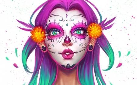 Sugar skull face - face, flower, make-up, pink, ayyasap, halloween, girl, dia de los muertos, art, white, fantasy, orange, sugar skull, woman, green