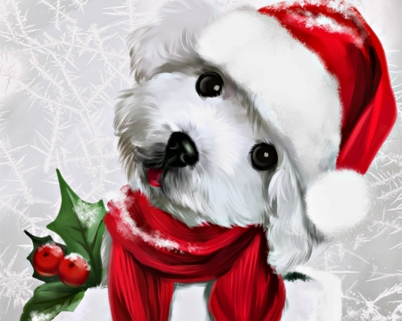 Merry Christmas! - craciun, hat, puppy, scarf, fantasy, christmas, white, santa, art, red, lorri kajenna, animal, green, mistletoe