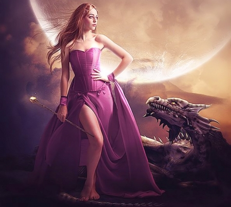 The Lady and the Dragon - dragon, lady, pretty, fantasy