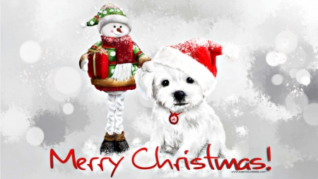 Merry Christmas! - winter, lorri kajenna, snow, dog, toy, christmas, fantasy, white, animal, craciun, red, puppy, card, art