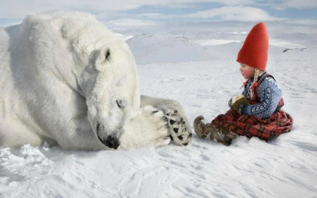 Big Friend - artwork, snow, winter, polar bear, child