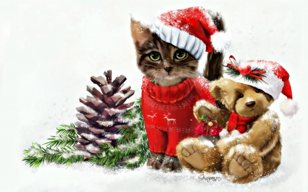 Merry Christmas! - craciun, hat, cat, winter, fantasy, teddy bear toy, christmas, white, santa, art, red, lorri kajenna, animal, green, tree, cute