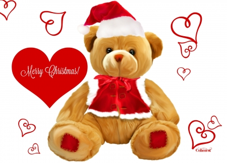 Merry Christmas! - craciun, hat, heart, toy, christmas, santa, card, by cehenot, teddy bear