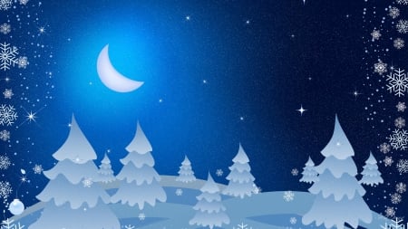 Winter Forest Blue - sky, stars, trees, forest, snow, winter, crescent moon, christmas