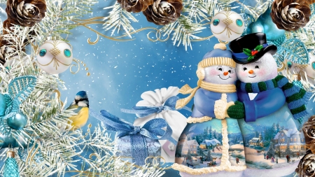 Cute Little Snowmen - bird, snowman, winter, gifts, blue, fir, Feliz Navidad, cones, Christmas