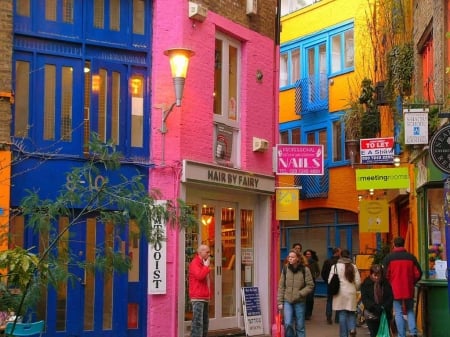 Colorful Street - street, abstract, people, yellow, blue, photography, color, pink