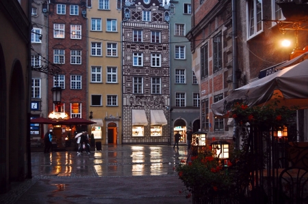 Reflection - street, Gdansk, lights, twilight, city, night, houses, architecture