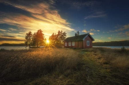 Sunset - lake, house, sunset, clouds