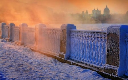 Frozen Bridge - snow, river, city, sunset, mist