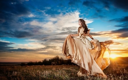 Beauty and Sunset - field, sunset, woman, sky