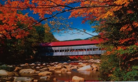 Red Roofed Covered Bridge - river, leaves, stones, trees, colors, autumn