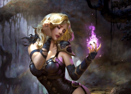 Sorceress - woman, girl, magical, fantasy, sorceress, art, purple, game, pink, lasahido, legend of the cryptids, blonde