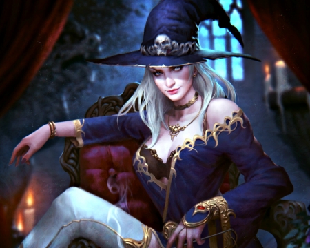 Hellowitch - woman, hat, girl, hellowitch, fantasy, witch, halloween, art, game, lasahido, blue, legend of the cryptids