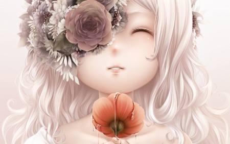 A moment of happiness - face, red, flower, rose, bouno satoshi, pink, anime, girl, manga, art, white, poppy