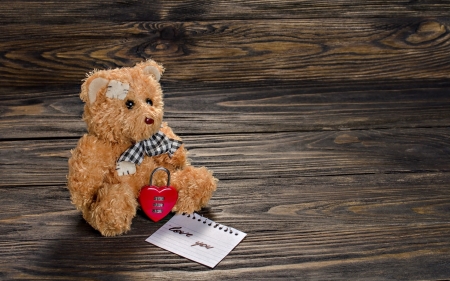 Love you - wood, toy, white, red, valentine, teddy bear, cute, card, kheart, paper