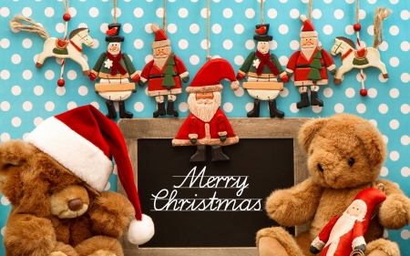 Merry Christmas! - craciun, santa claus, toy, christmas, wood, blue, red, card, teddy bear, dot