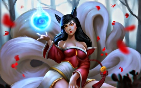 Ahri - red, magical, beauty, game, brunette, girl, fox, blue, art, white, ahri, fantasy, govertz, league of legends, woman