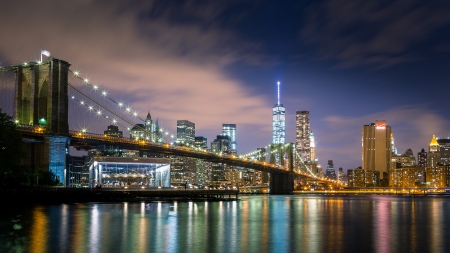 carousel under brooklyn bridge - carousel, lights, river, city, bridge, night