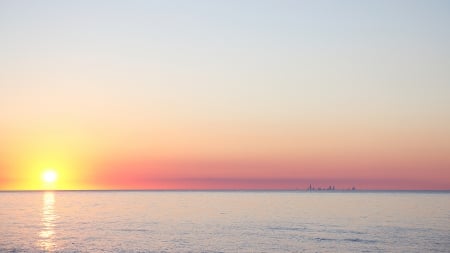 chicago from indiana at sunset - horizon, distant, lake, city, sunset