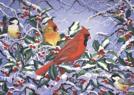 Winter cardinals - red, winter, snow-covered branches, cardinals, berries, yellow, branches, birds