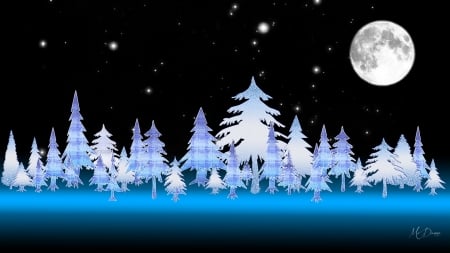 MaDonna's Winter Forest - abstract, trees, sparkle, winter, snow, forest, Christmas, full moon, sky, shine, woods