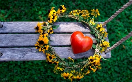 Beauty - swing, flowers, wreaths, heart