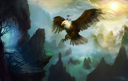 Flight on an Eagle - pretty, little person, female, scenery, beautiful, girl, flying, fantasy, eagle, digital, woman, fairy, art