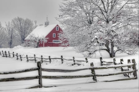 New Hampshire in Winter - house, trees, landscape, snow, fence