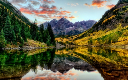 Autumn in mountains - autumn, sky, trees, rocks, fall, reflection, clouds, river, cliffs, lake, mountain, peak, serenity, forest, tranquil, mirror, beautiful