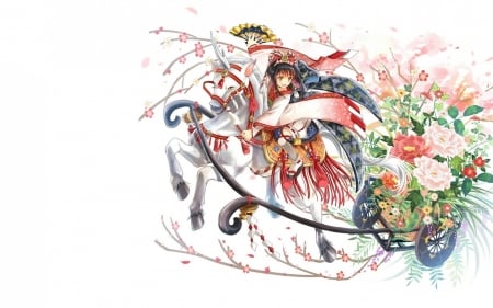 Fantasy - flower, horse, pink, anime, girl, manga, unicorn, white, fantasy